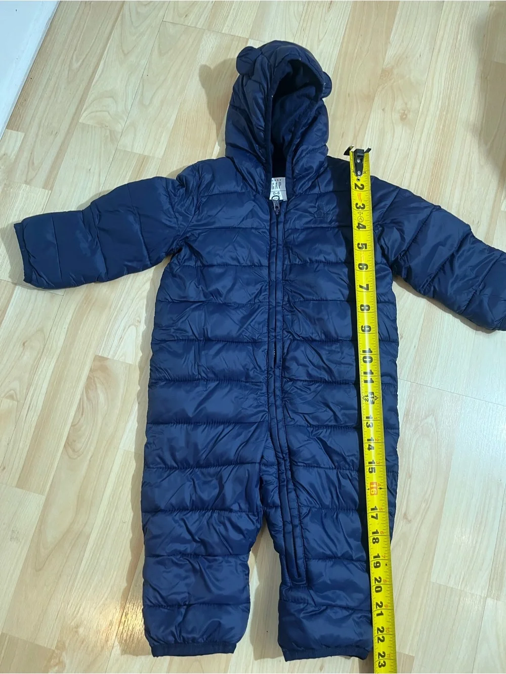 Baby Gap puffer navy snowsuit with small bear ears on the hood 0-6 months